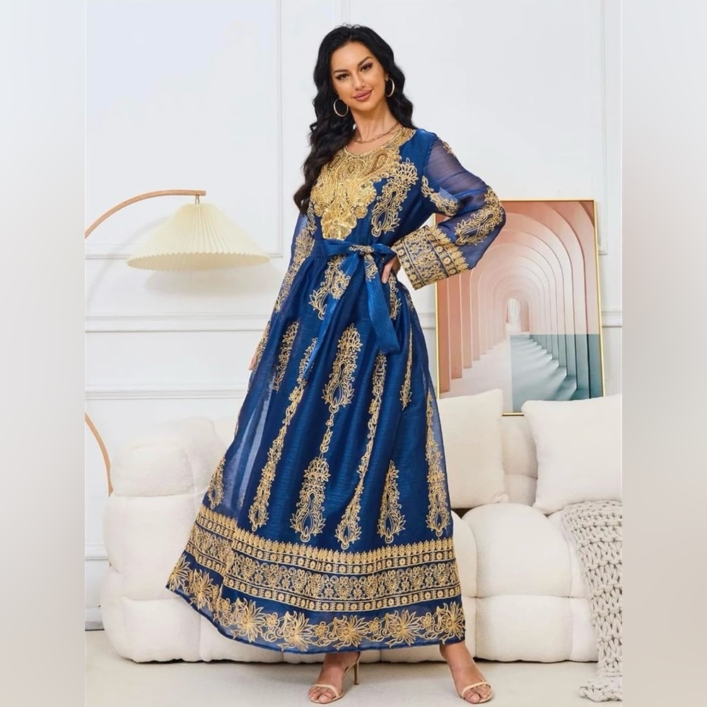 Women’s party dress Embroidery gown-Large with necklace & matching earrings(NWT) - Picture 2 of 8